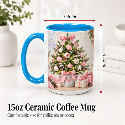 #pl[15oz|Blue] Pink Christmas Tree Ceramic Mug, Cottage Holiday Ornament Art