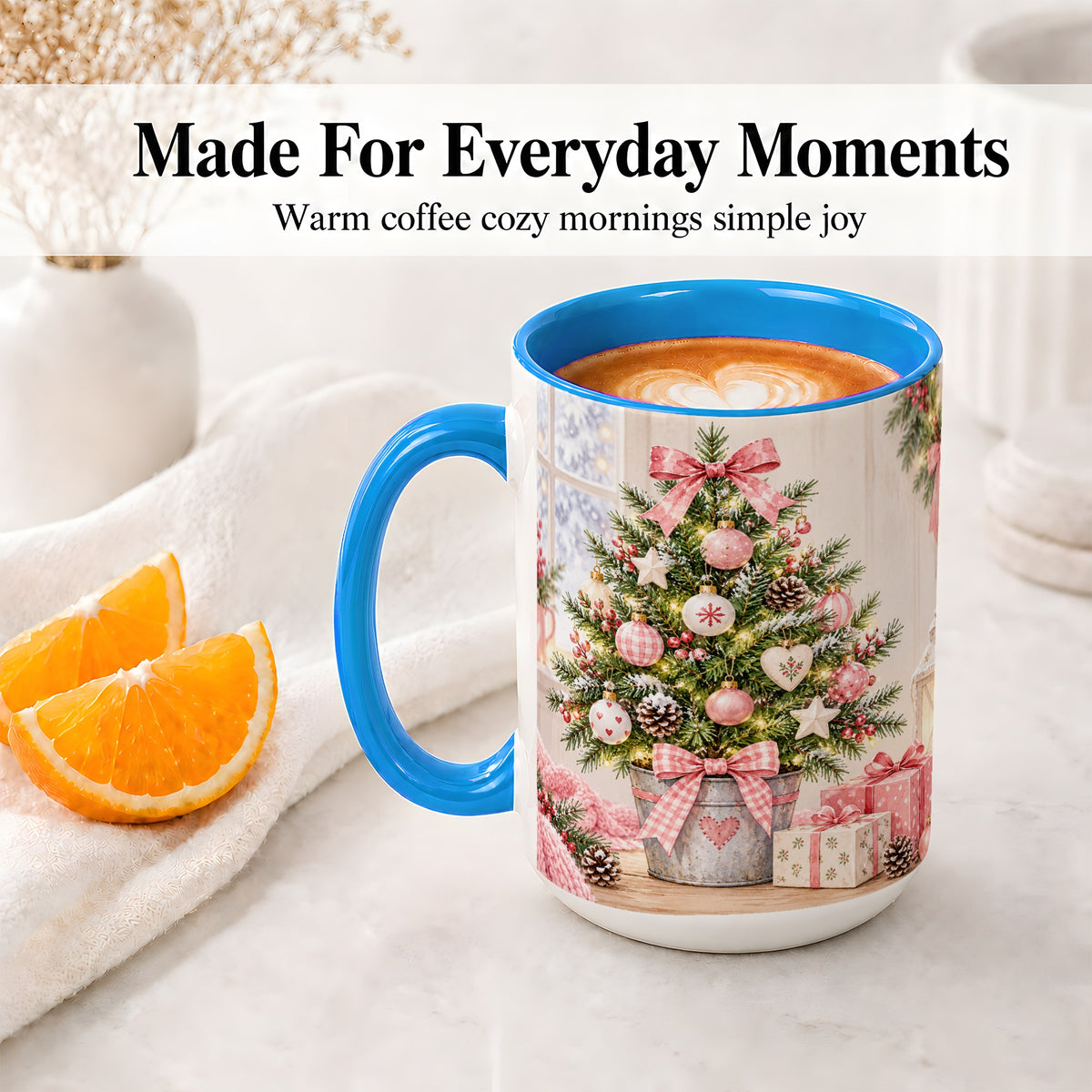 #pl[15oz|Blue] Pink Christmas Tree Ceramic Mug, Cottage Holiday Ornament Art