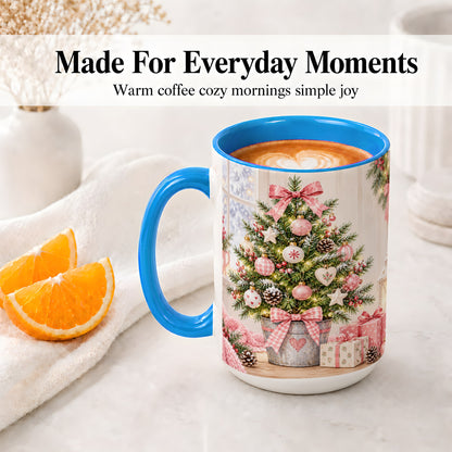 #pl[15oz|Blue] Pink Christmas Tree Ceramic Mug, Cottage Holiday Ornament Art