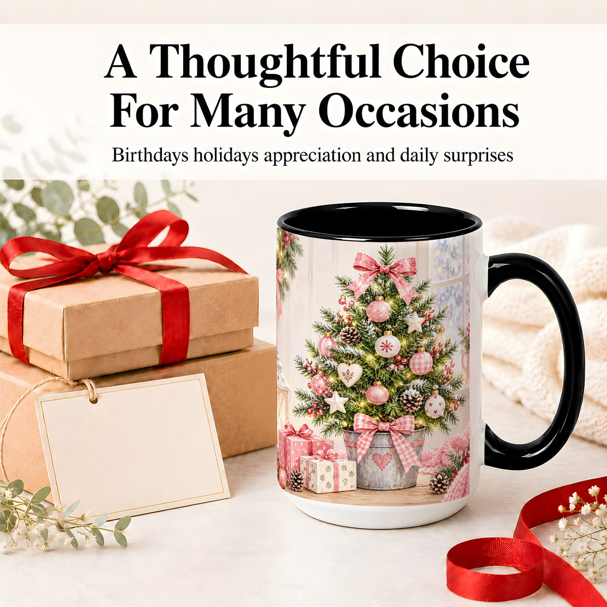 #pl[15oz|Black] Pink Christmas Tree Ceramic Mug, Cottage Holiday Ornament Art