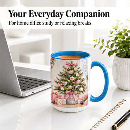 #pl[15oz|Blue] Pink Christmas Tree Ceramic Mug, Cottage Holiday Ornament Art