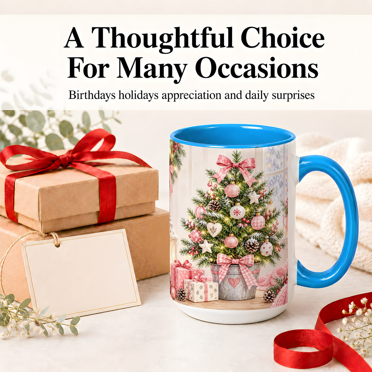 #pl[15oz|Blue] Pink Christmas Tree Ceramic Mug, Cottage Holiday Ornament Art