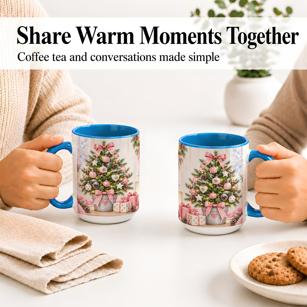 #pl[15oz|Blue] Pink Christmas Tree Ceramic Mug, Cottage Holiday Ornament Art