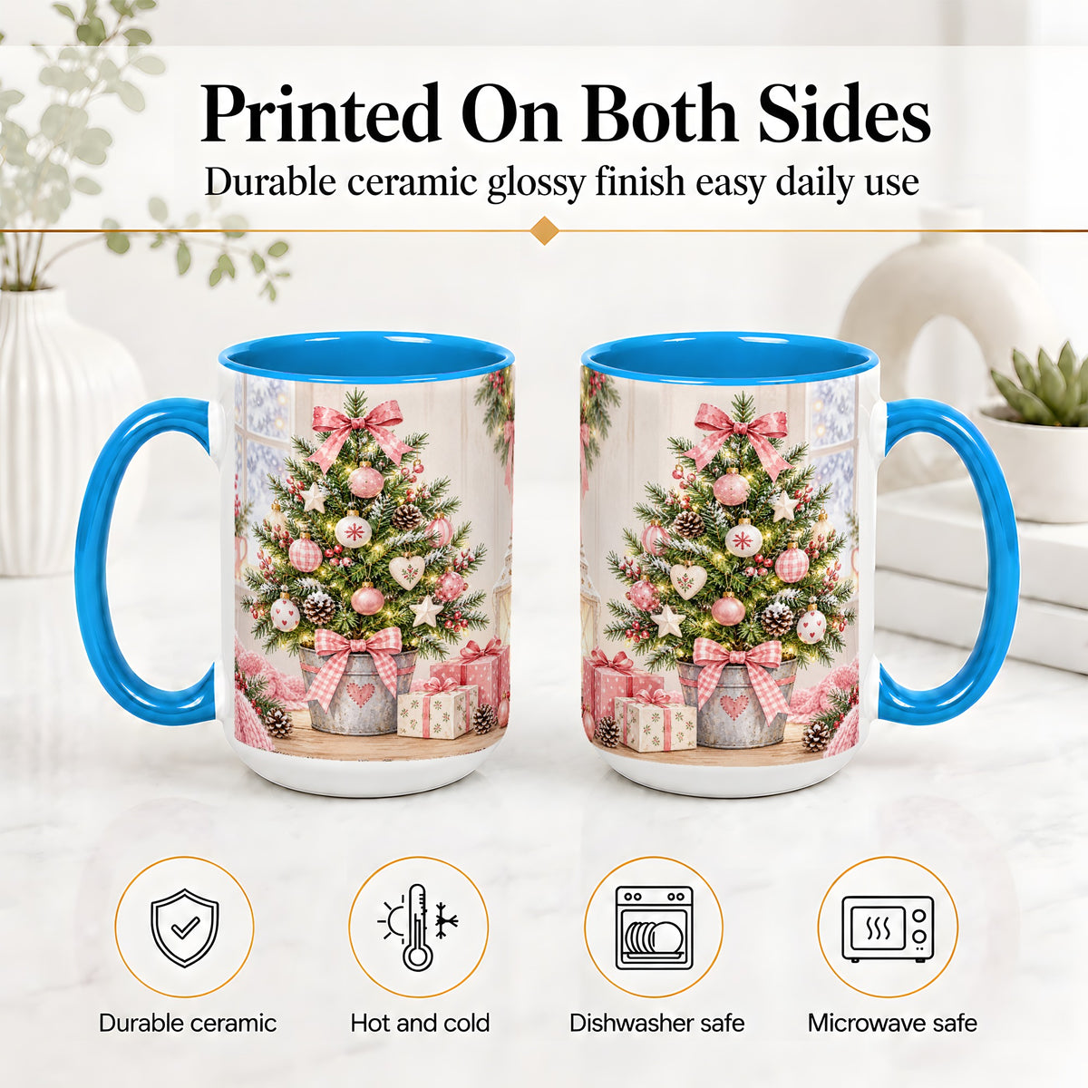 #pl[15oz|Blue] Pink Christmas Tree Ceramic Mug, Cottage Holiday Ornament Art