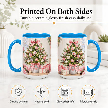 #pl[15oz|Blue] Pink Christmas Tree Ceramic Mug, Cottage Holiday Ornament Art