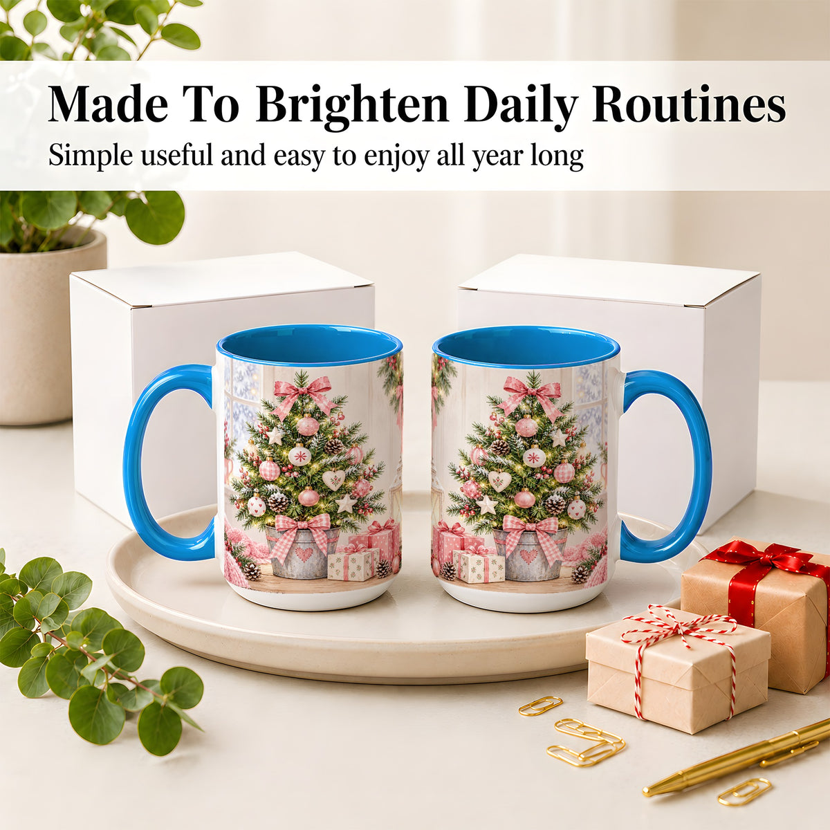 #pl[15oz|Blue] Pink Christmas Tree Ceramic Mug, Cottage Holiday Ornament Art