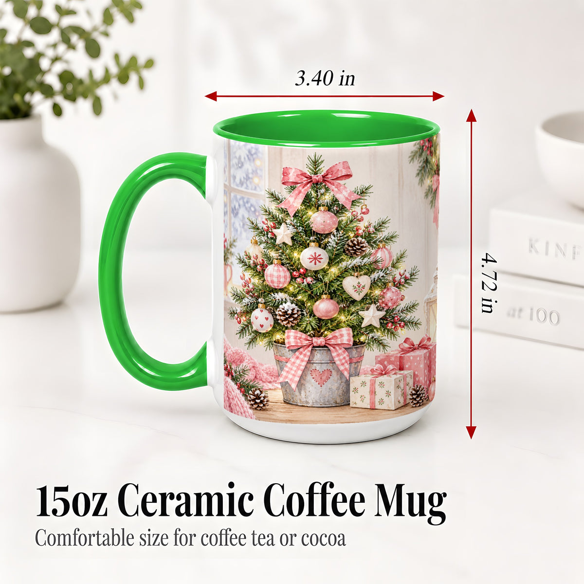 #pl[15oz|Green] Pink Christmas Tree Ceramic Mug, Cottage Holiday Ornament Art
