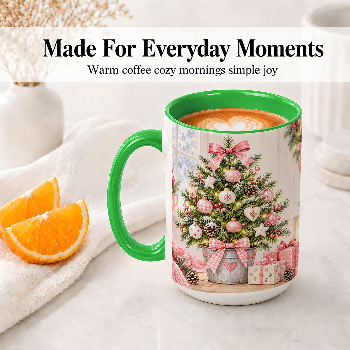#pl[15oz|Green] Pink Christmas Tree Ceramic Mug, Cottage Holiday Ornament Art