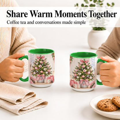 #pl[15oz|Green] Pink Christmas Tree Ceramic Mug, Cottage Holiday Ornament Art