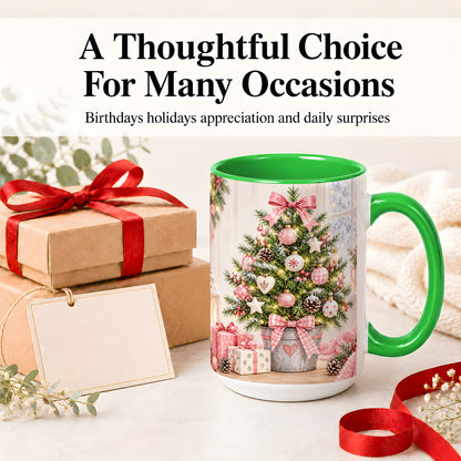 #pl[15oz|Green] Pink Christmas Tree Ceramic Mug, Cottage Holiday Ornament Art