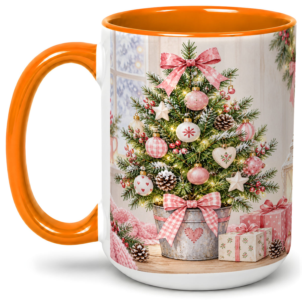 #pl[15oz|Orange] Pink Christmas Tree Ceramic Mug, Cottage Holiday Ornament Art