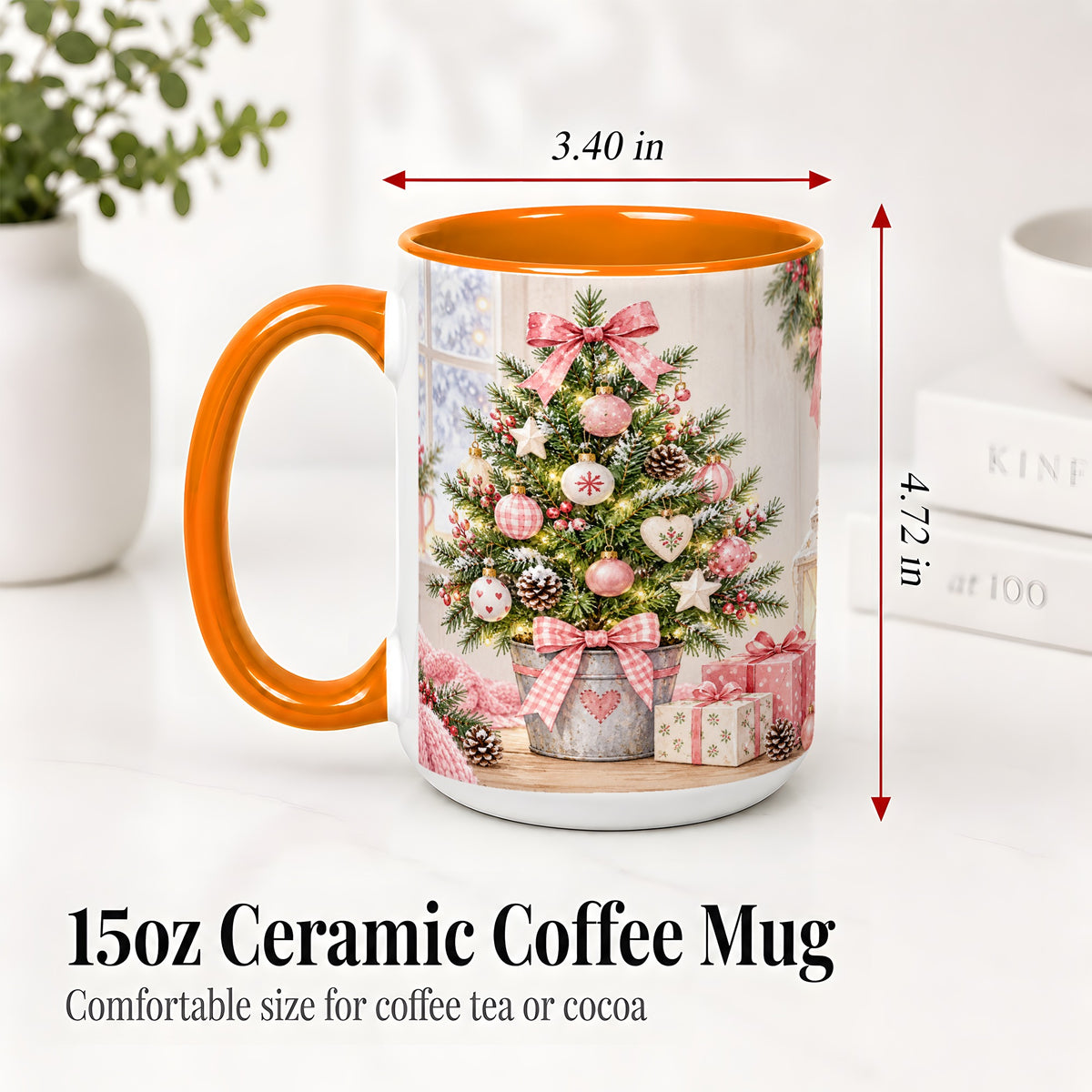 #pl[15oz|Orange] Pink Christmas Tree Ceramic Mug, Cottage Holiday Ornament Art
