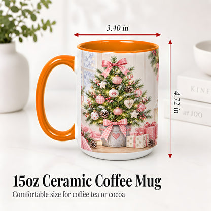 #pl[15oz|Orange] Pink Christmas Tree Ceramic Mug, Cottage Holiday Ornament Art