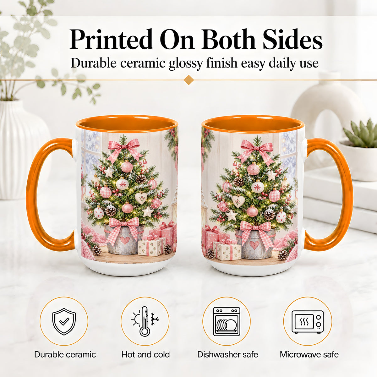 #pl[15oz|Orange] Pink Christmas Tree Ceramic Mug, Cottage Holiday Ornament Art