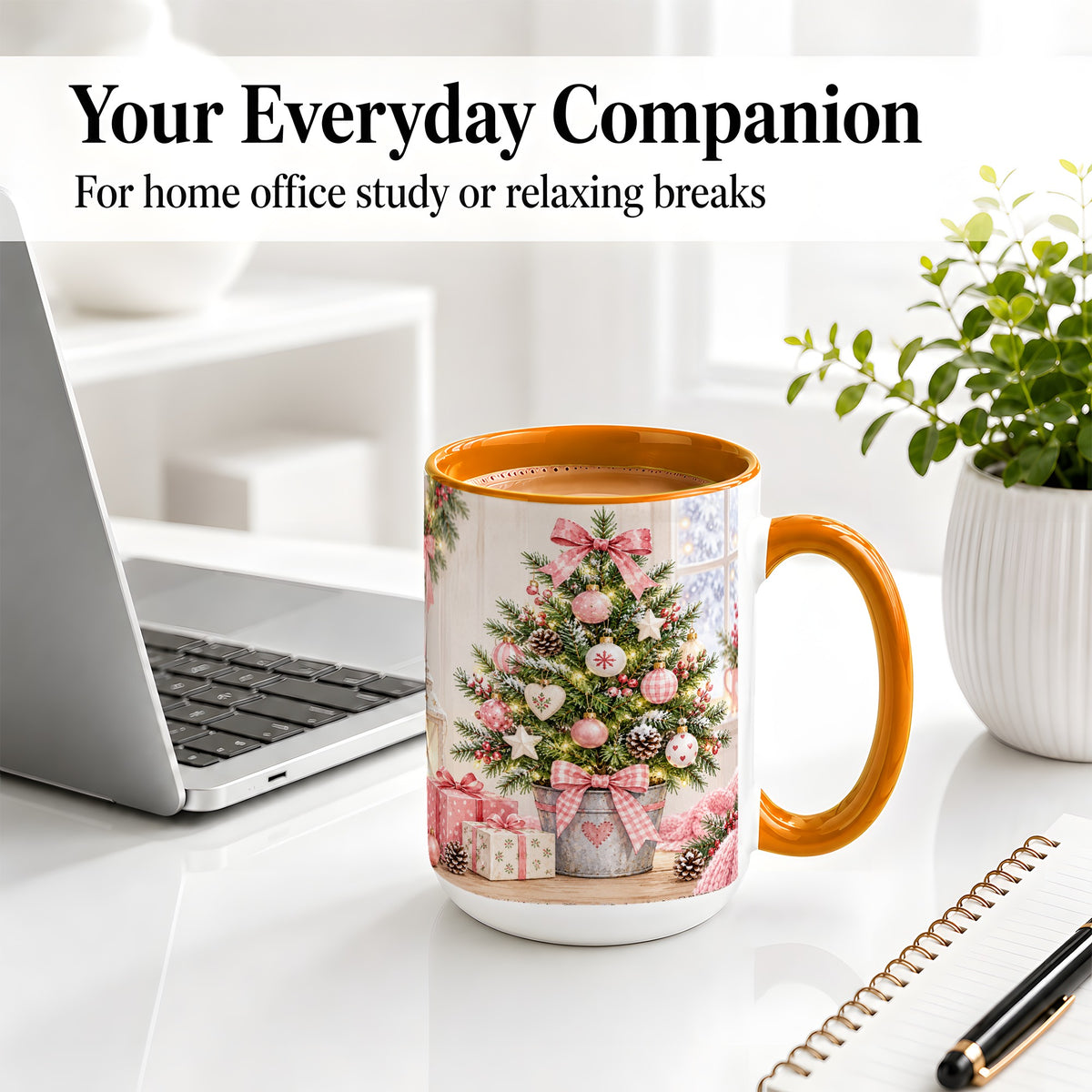 #pl[15oz|Orange] Pink Christmas Tree Ceramic Mug, Cottage Holiday Ornament Art