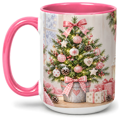 #pl[15oz|Pink] Pink Christmas Tree Ceramic Mug, Cottage Holiday Ornament Art