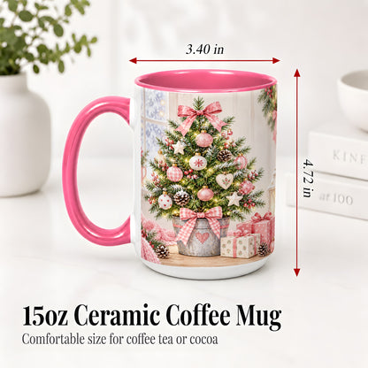 #pl[15oz|Pink] Pink Christmas Tree Ceramic Mug, Cottage Holiday Ornament Art