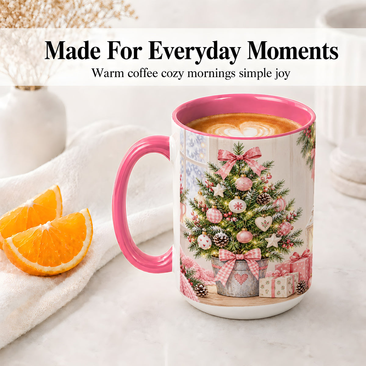 #pl[15oz|Pink] Pink Christmas Tree Ceramic Mug, Cottage Holiday Ornament Art