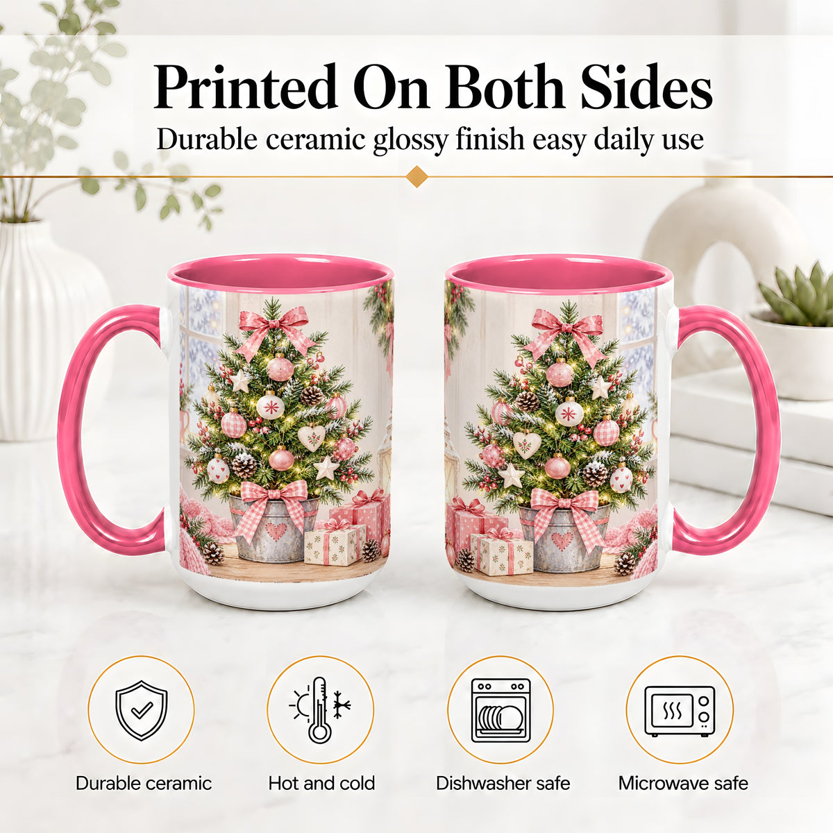 #pl[15oz|Pink] Pink Christmas Tree Ceramic Mug, Cottage Holiday Ornament Art