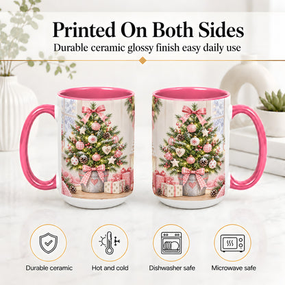 #pl[15oz|Pink] Pink Christmas Tree Ceramic Mug, Cottage Holiday Ornament Art