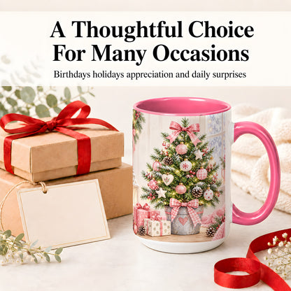 #pl[15oz|Pink] Pink Christmas Tree Ceramic Mug, Cottage Holiday Ornament Art