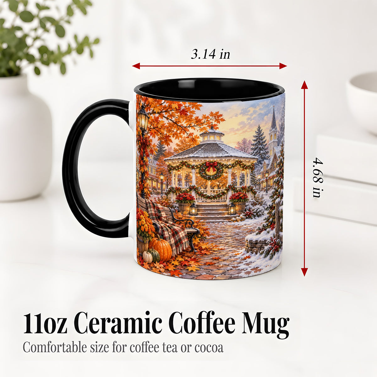 #pl[11oz|Black] Autumn Christmas Village Ceramic Mug, Snowy Gazebo Landscape