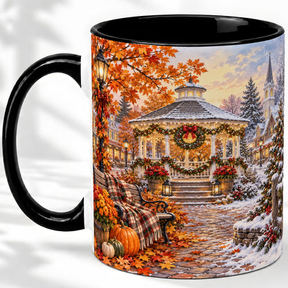 #pl[11oz|Black] Autumn Christmas Village Ceramic Mug, Snowy Gazebo Landscape