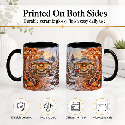 #pl[11oz|Black] Autumn Christmas Village Ceramic Mug, Snowy Gazebo Landscape