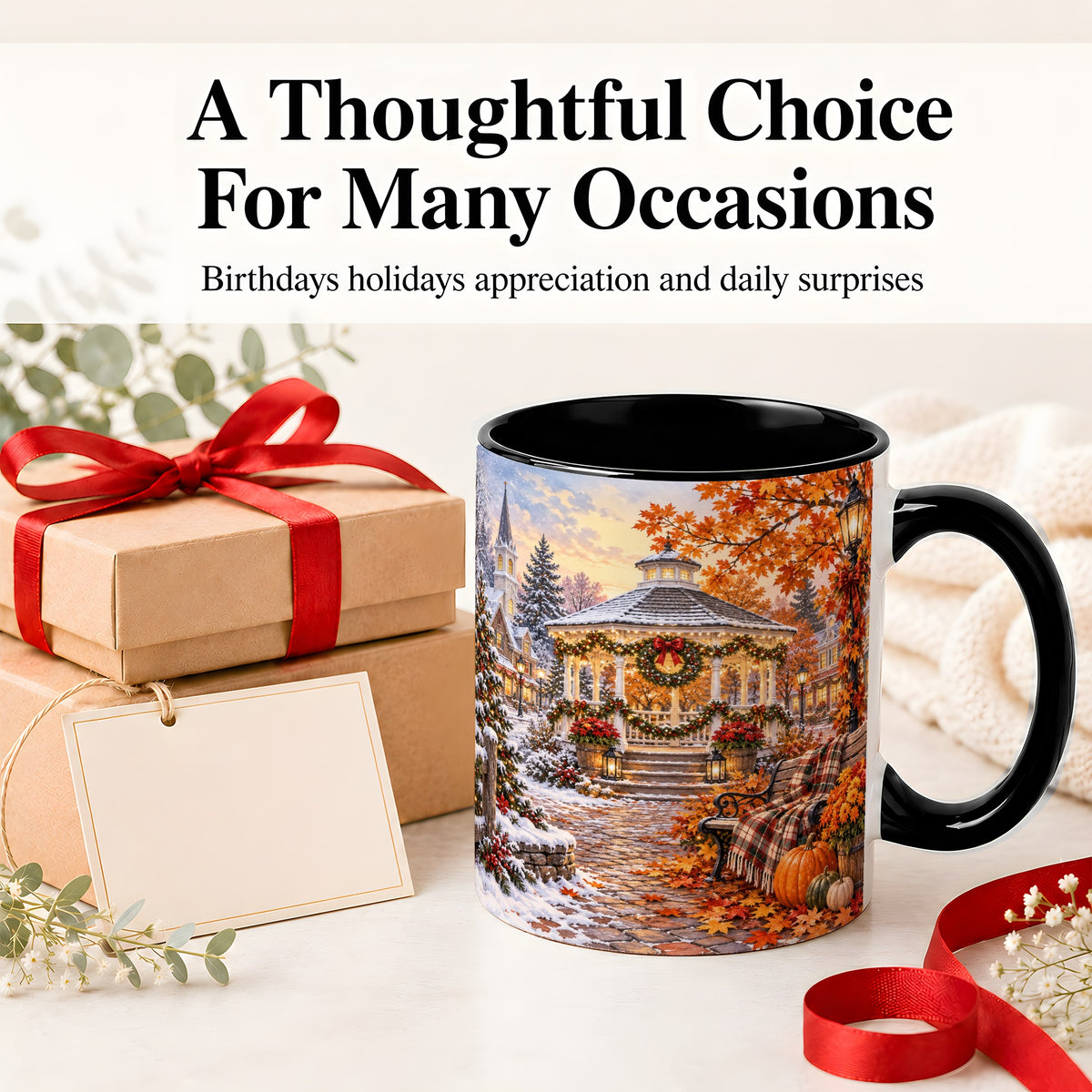 #pl[11oz|Black] Autumn Christmas Village Ceramic Mug, Snowy Gazebo Landscape
