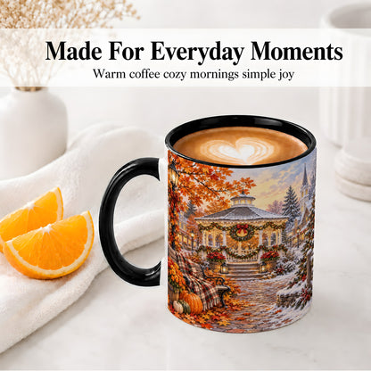 #pl[11oz|Black] Autumn Christmas Village Ceramic Mug, Snowy Gazebo Landscape