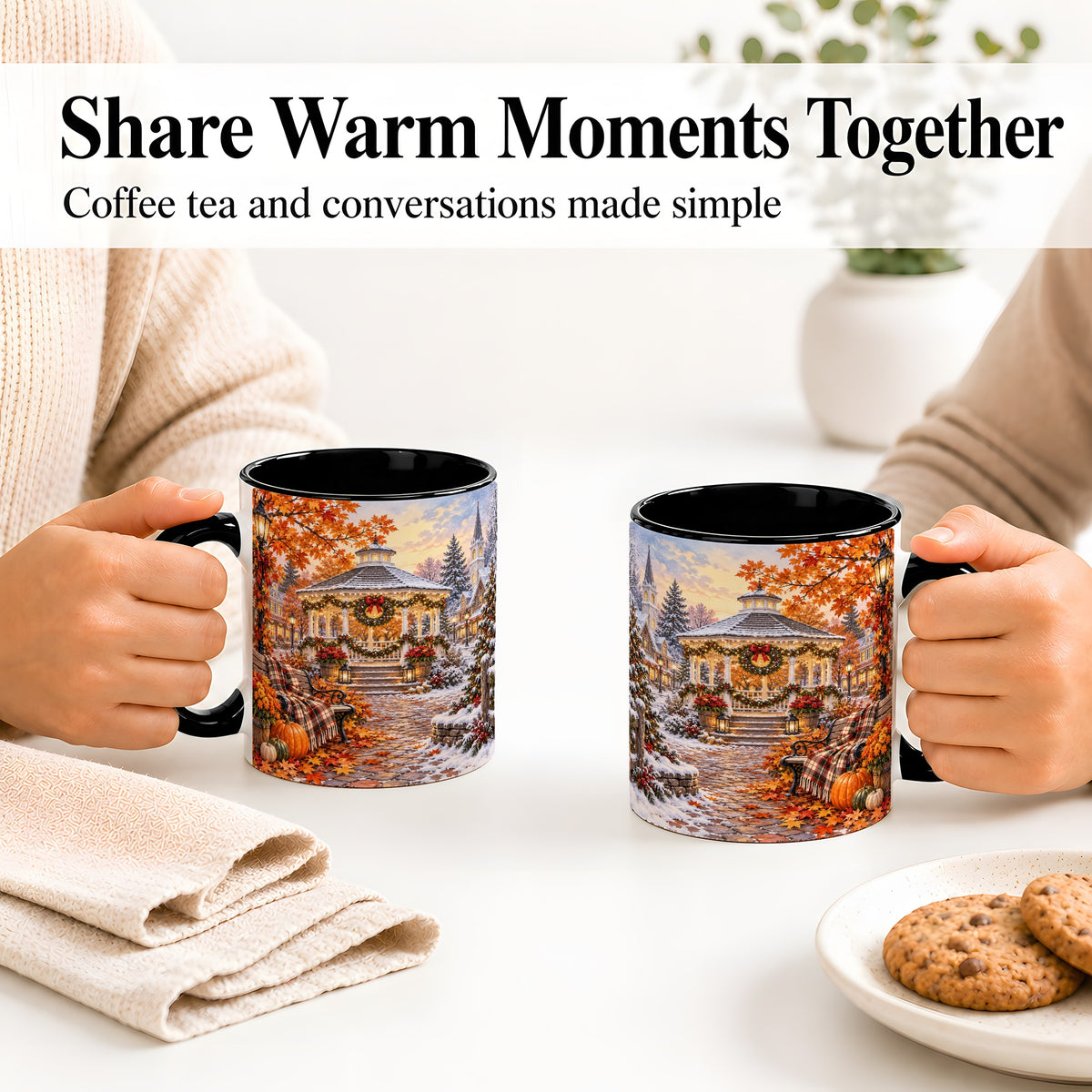 #pl[11oz|Black] Autumn Christmas Village Ceramic Mug, Snowy Gazebo Landscape