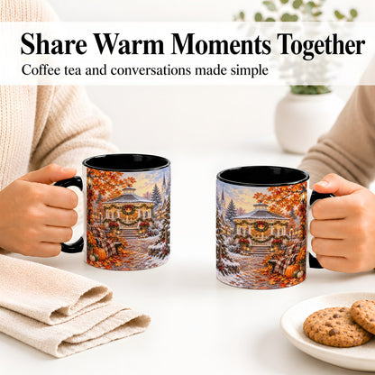#pl[11oz|Black] Autumn Christmas Village Ceramic Mug, Snowy Gazebo Landscape