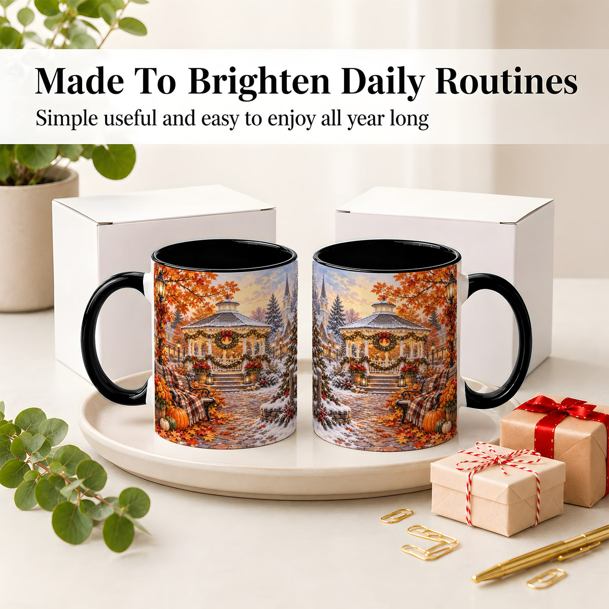 #pl[11oz|Black] Autumn Christmas Village Ceramic Mug, Snowy Gazebo Landscape