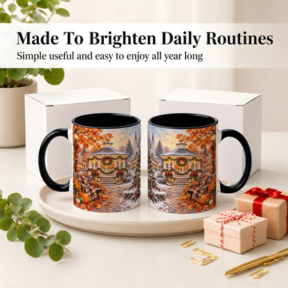 #pl[11oz|Black] Autumn Christmas Village Ceramic Mug, Snowy Gazebo Landscape