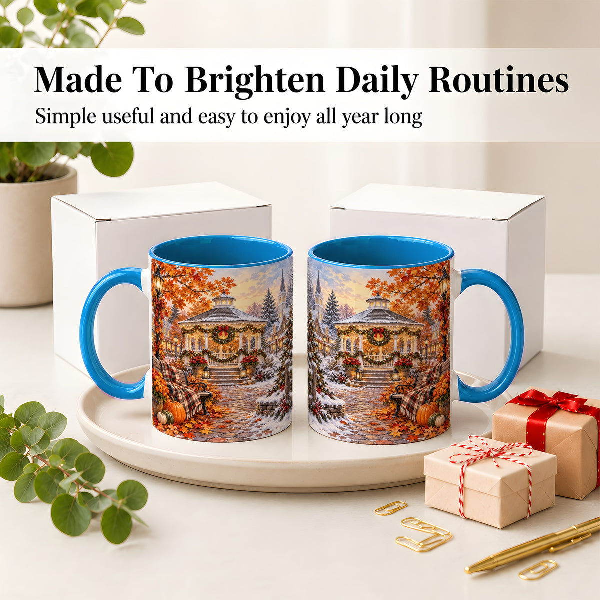#pl[11oz|Blue] Autumn Christmas Village Ceramic Mug, Snowy Gazebo Landscape