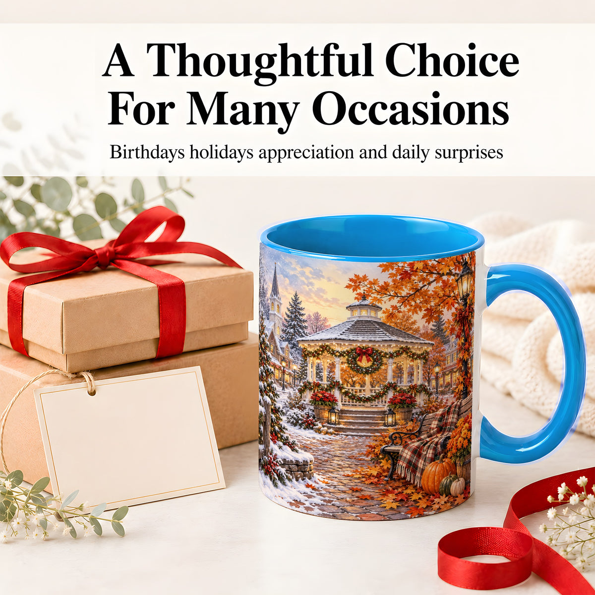 #pl[11oz|Blue] Autumn Christmas Village Ceramic Mug, Snowy Gazebo Landscape