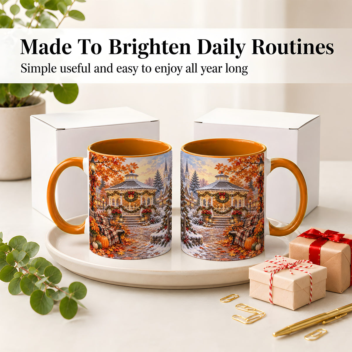 #pl[11oz|Orange] Autumn Christmas Village Ceramic Mug, Snowy Gazebo Landscape