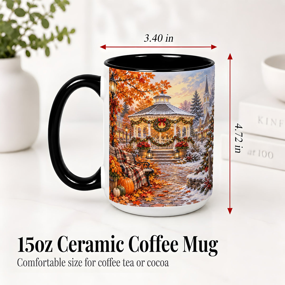 #pl[15oz|Black] Autumn Christmas Village Ceramic Mug, Snowy Gazebo Landscape