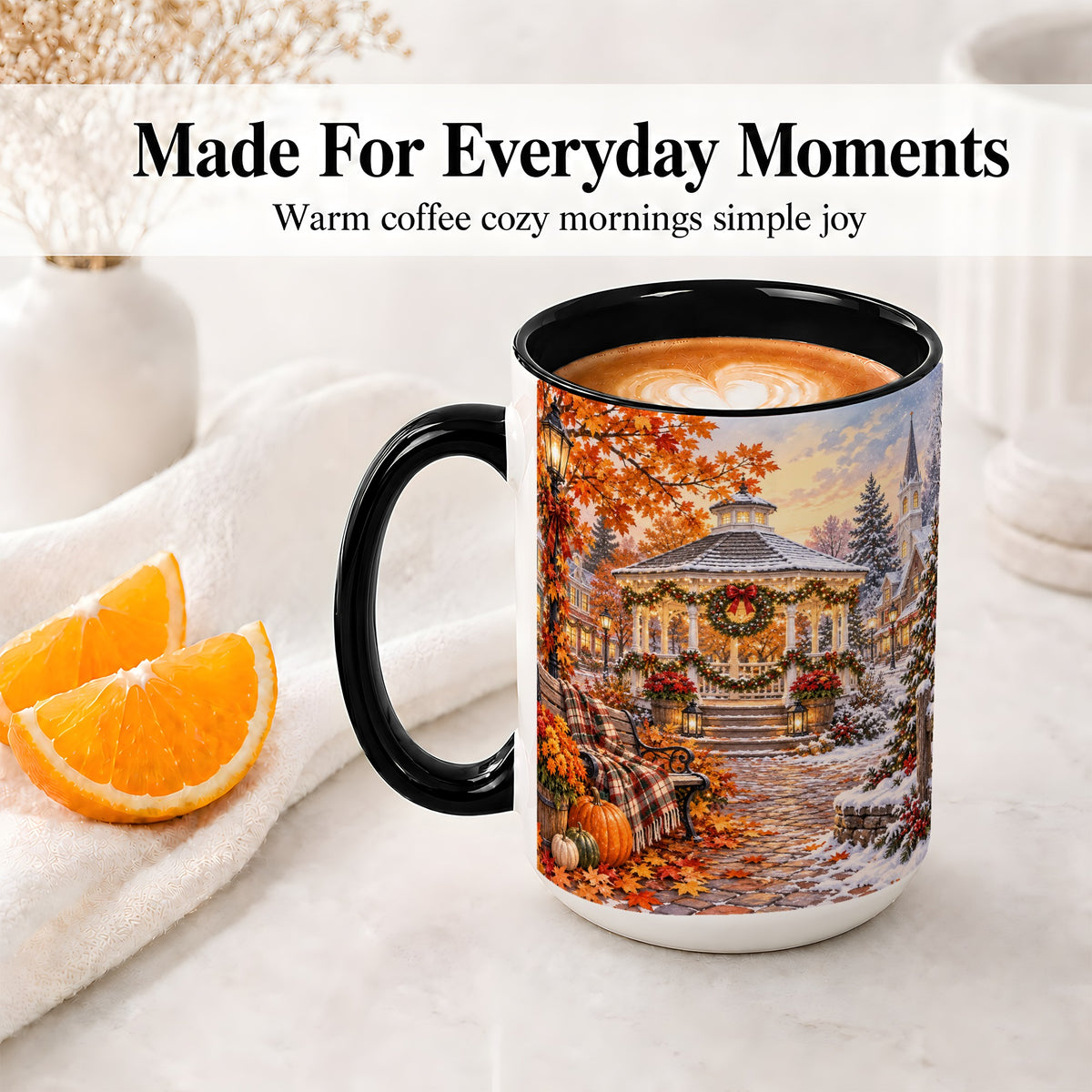 #pl[15oz|Black] Autumn Christmas Village Ceramic Mug, Snowy Gazebo Landscape