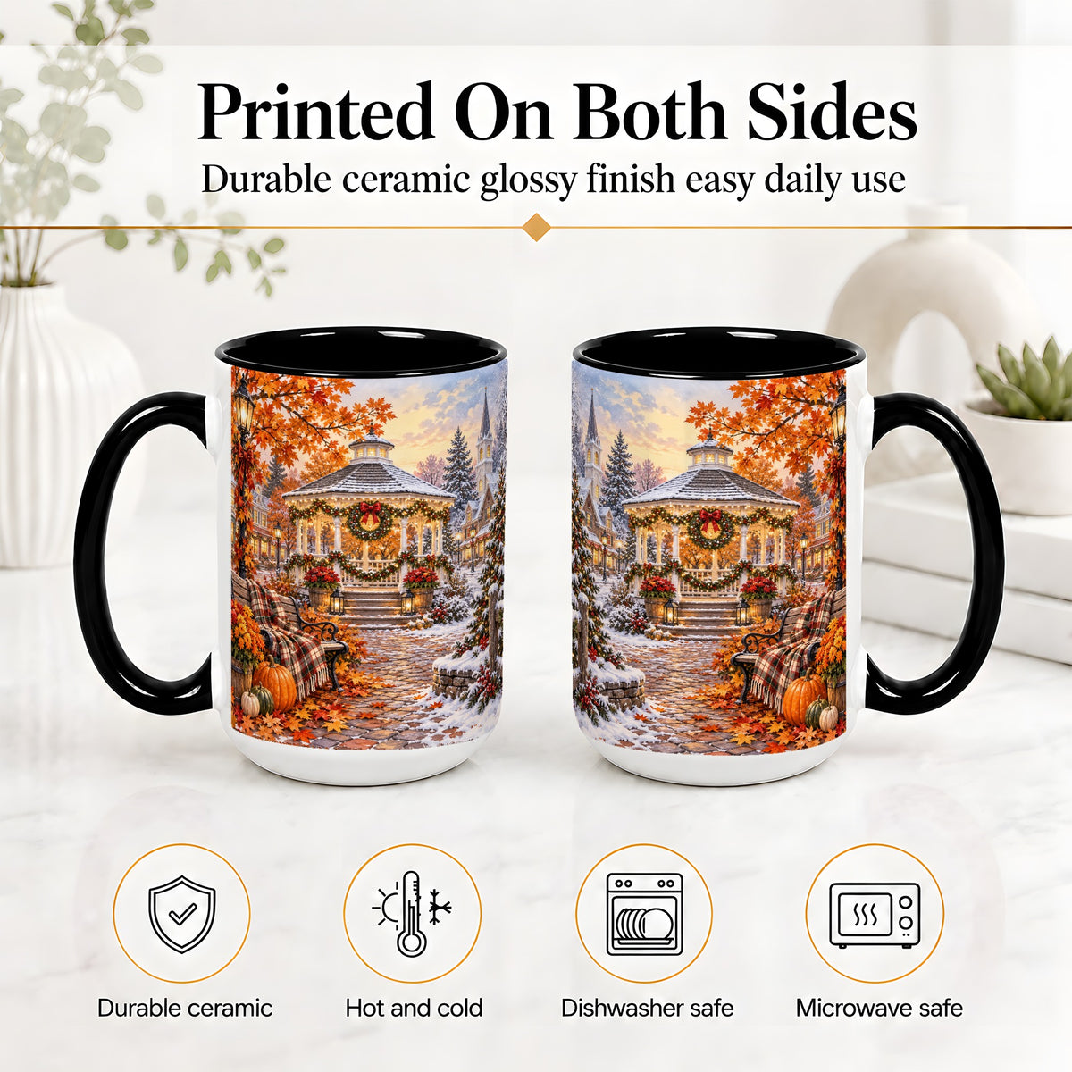 #pl[15oz|Black] Autumn Christmas Village Ceramic Mug, Snowy Gazebo Landscape