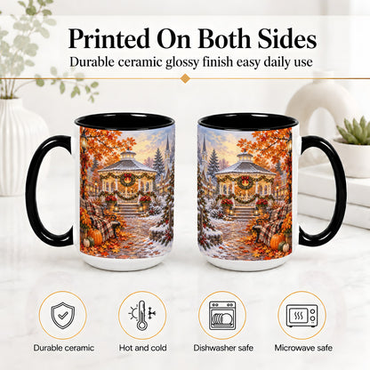 #pl[15oz|Black] Autumn Christmas Village Ceramic Mug, Snowy Gazebo Landscape