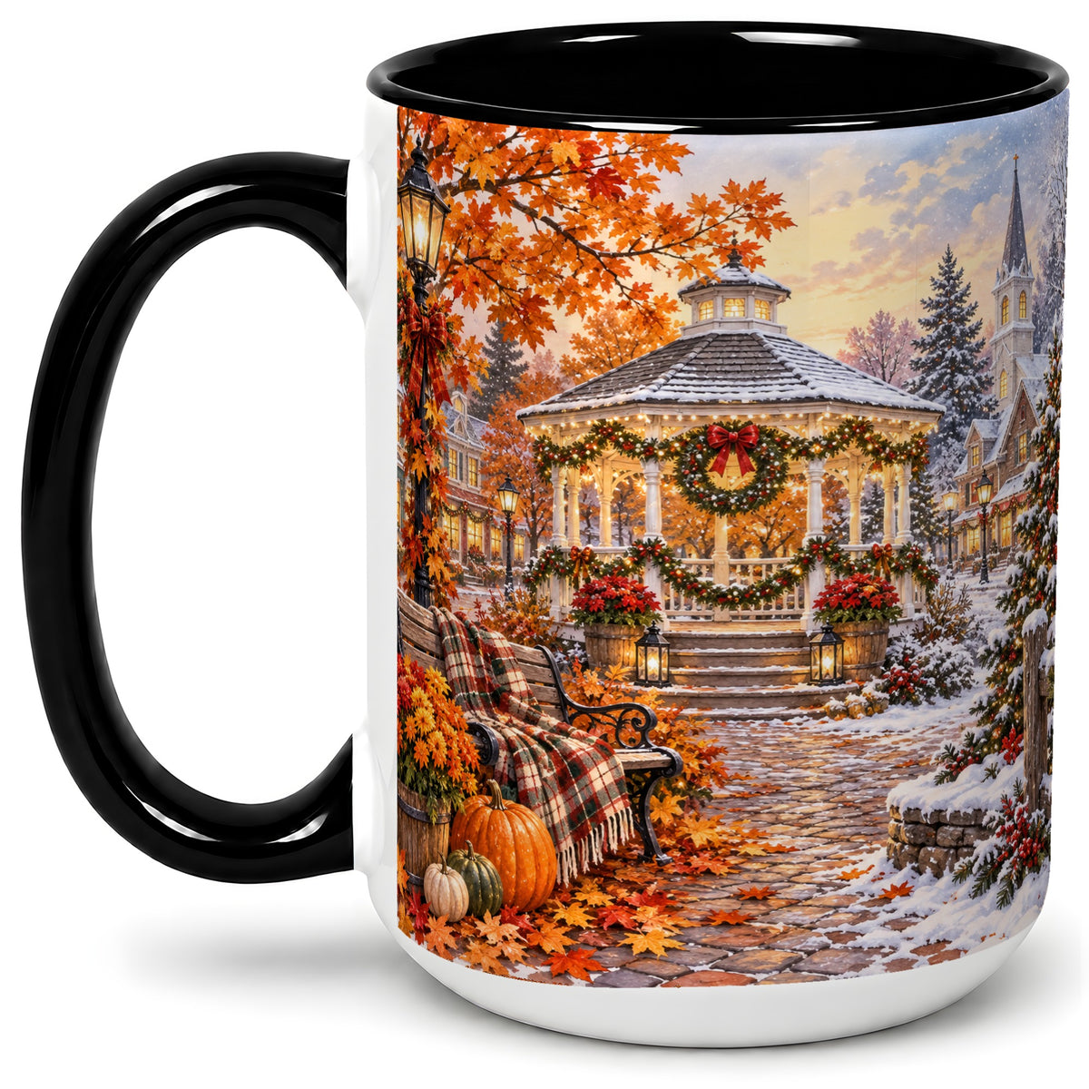 #pl[15oz|Black] Autumn Christmas Village Ceramic Mug, Snowy Gazebo Landscape