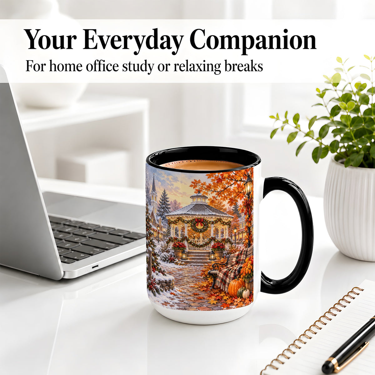 #pl[15oz|Black] Autumn Christmas Village Ceramic Mug, Snowy Gazebo Landscape