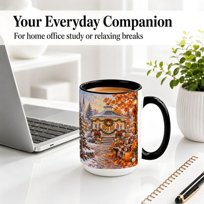 #pl[15oz|Black] Autumn Christmas Village Ceramic Mug, Snowy Gazebo Landscape