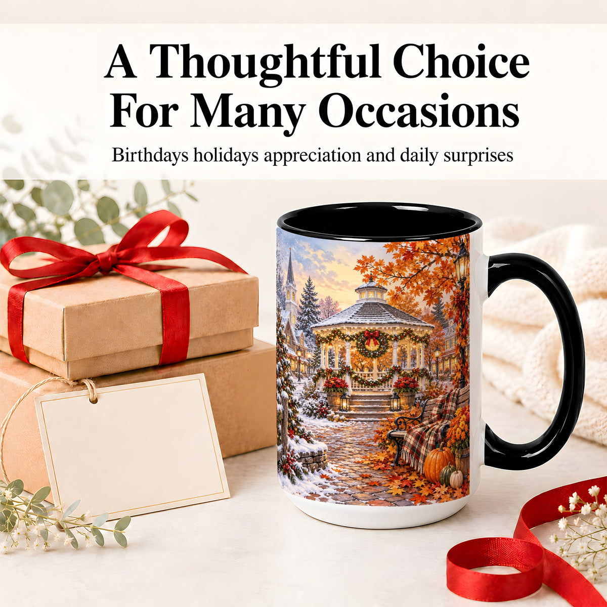#pl[15oz|Black] Autumn Christmas Village Ceramic Mug, Snowy Gazebo Landscape
