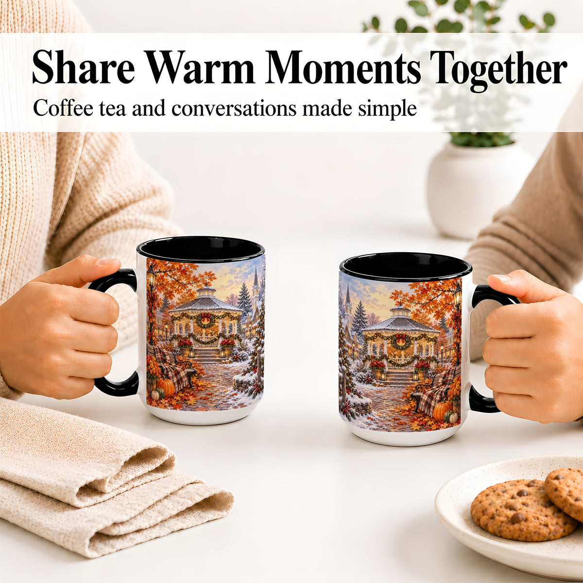 #pl[15oz|Black] Autumn Christmas Village Ceramic Mug, Snowy Gazebo Landscape