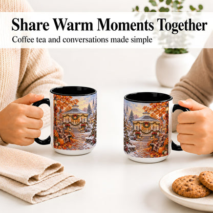 #pl[15oz|Black] Autumn Christmas Village Ceramic Mug, Snowy Gazebo Landscape