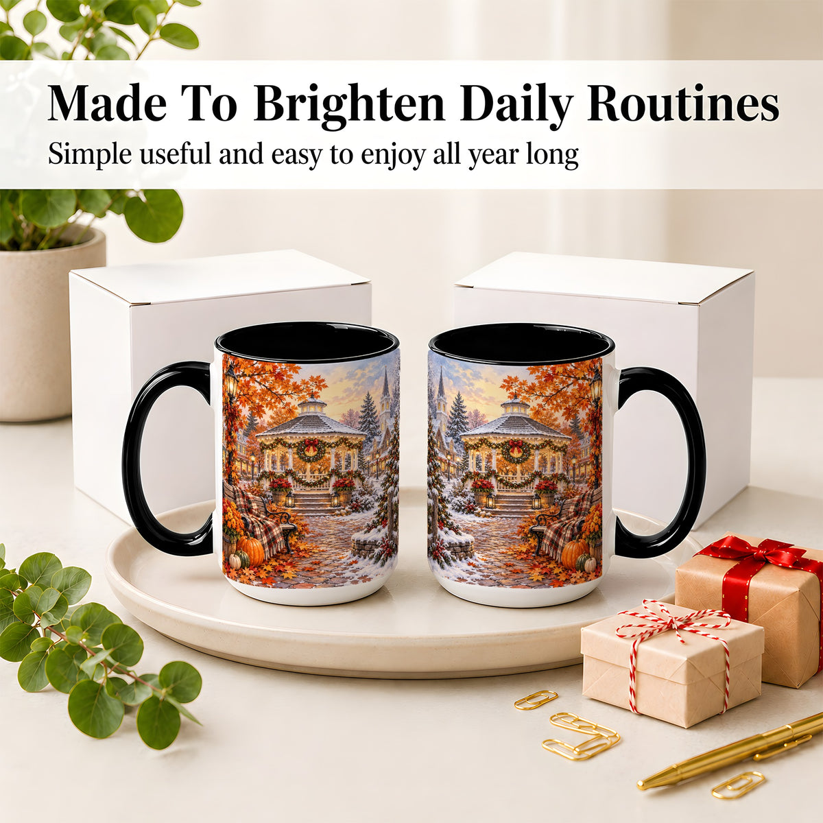 #pl[15oz|Black] Autumn Christmas Village Ceramic Mug, Snowy Gazebo Landscape