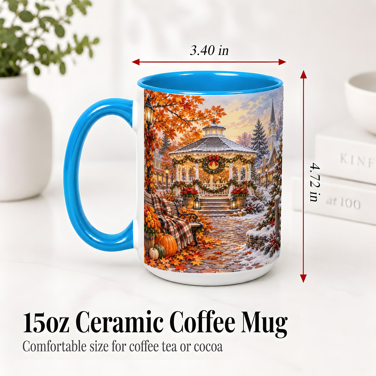 #pl[15oz|Blue] Autumn Christmas Village Ceramic Mug, Snowy Gazebo Landscape