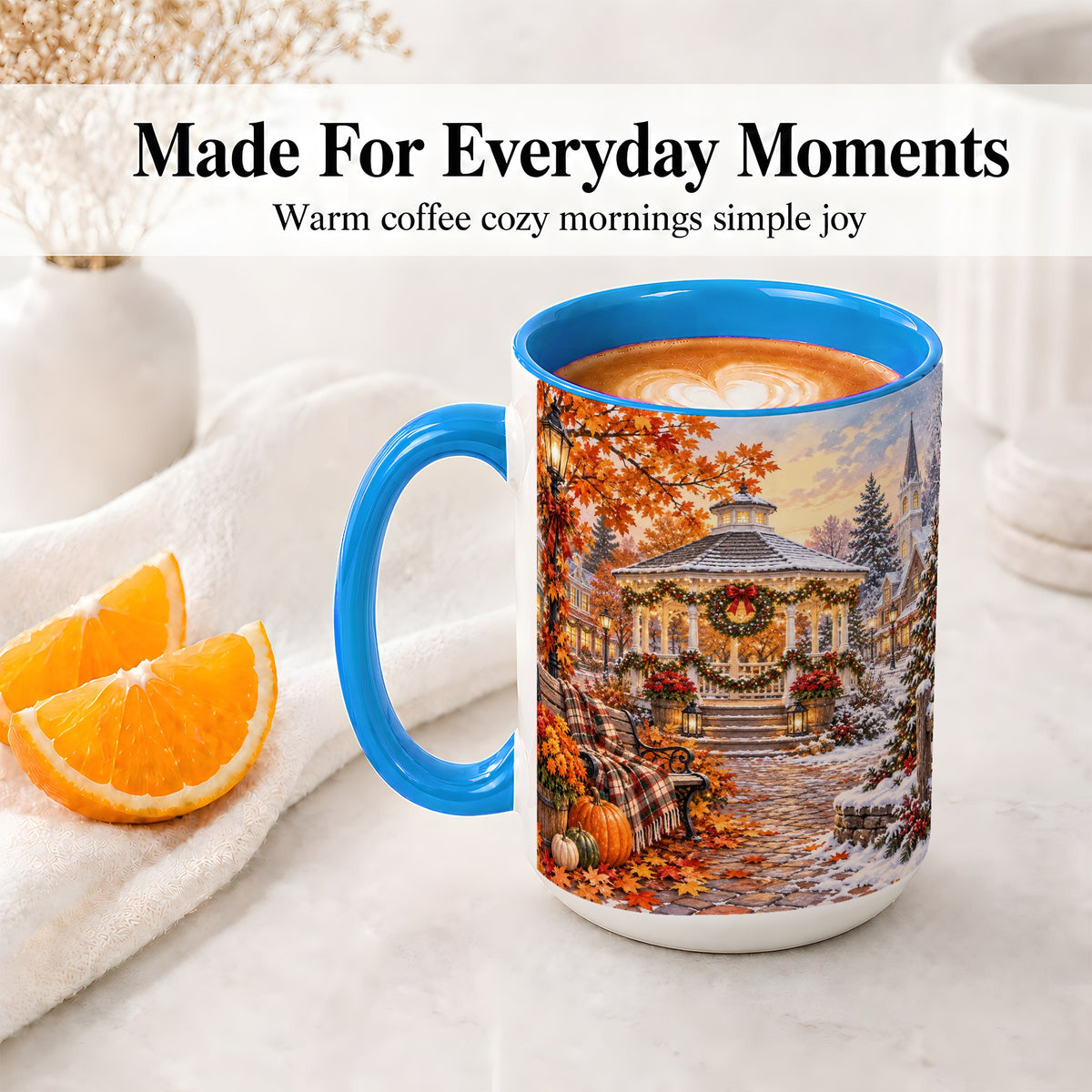 #pl[15oz|Blue] Autumn Christmas Village Ceramic Mug, Snowy Gazebo Landscape